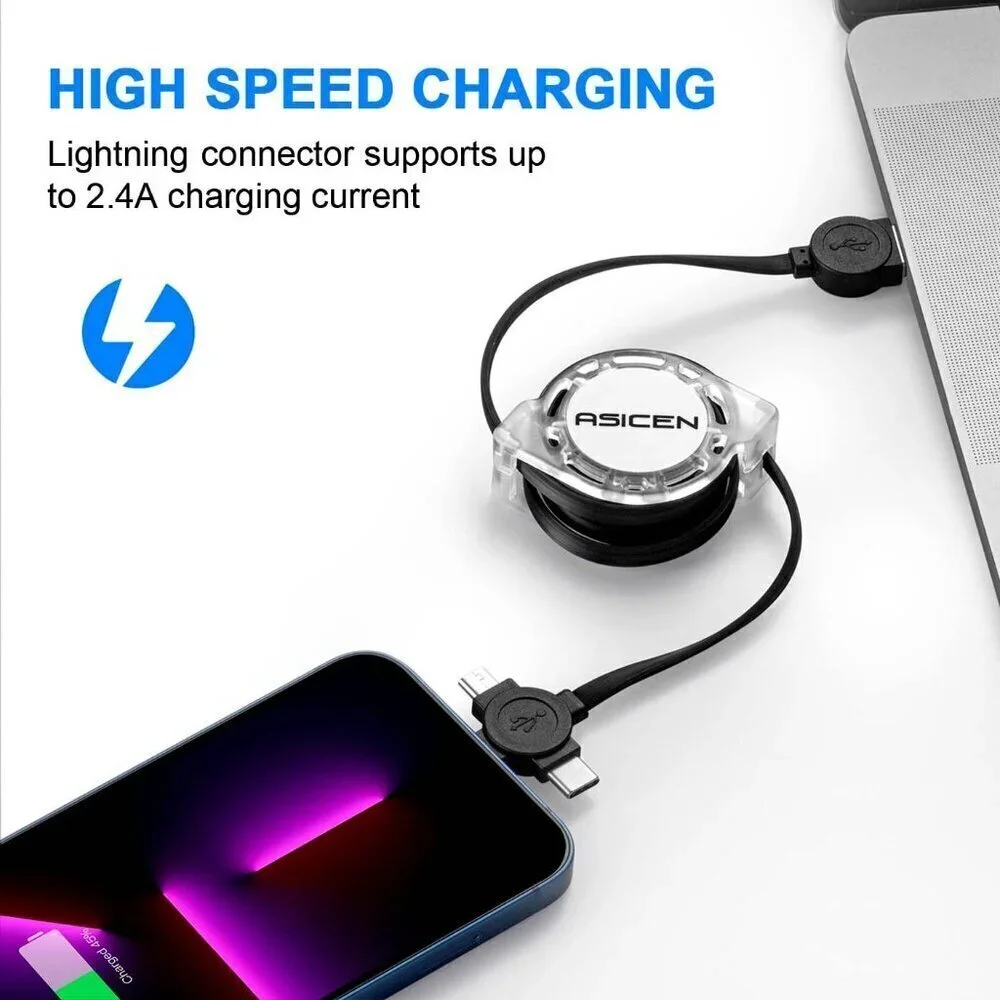 2pk 3.3ft Retractable Multi Fast Charging Cord, 3 in 1 Multi Charger Cable